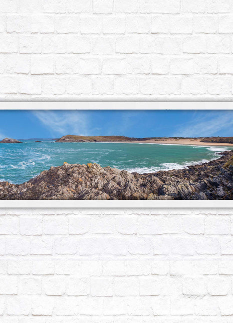 Crantock Beach. Panoramic framed picture print, West Pentire Cornwall beach scene. A choice of picture frames.