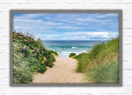 Fistral beach path, Cornwall. Framed picture print with a choice of frame colours. Beach seascape. Surfing, waves. Coastal picture.