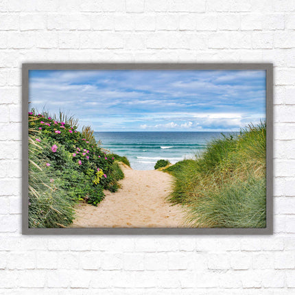 Fistral beach path, Cornwall. Framed picture print with a choice of frame colours. Beach seascape. Surfing, waves. Coastal picture.