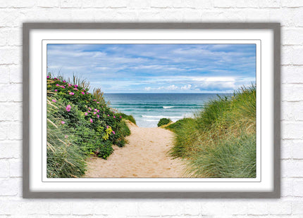 Fistral beach path, Cornwall. Framed picture print with a choice of frame colours. Beach seascape. Surfing, waves. Coastal picture.