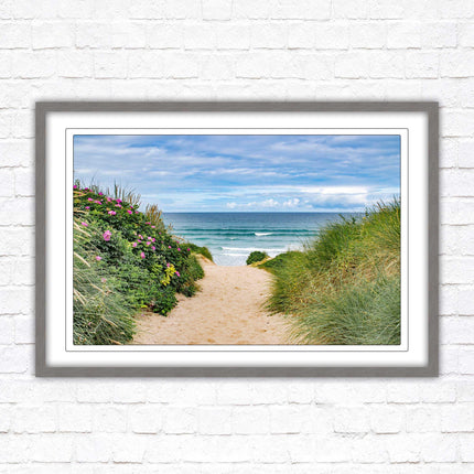 Fistral beach path, Cornwall. Framed picture print with a choice of frame colours. Beach seascape. Surfing, waves. Coastal picture.