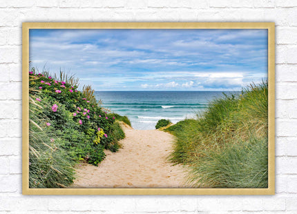 Fistral beach path, Cornwall. Framed picture print with a choice of frame colours. Beach seascape. Surfing, waves. Coastal picture.