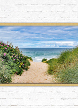 Fistral beach path, Cornwall. Framed picture print with a choice of frame colours. Beach seascape. Surfing, waves. Coastal picture.