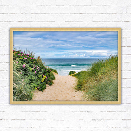 Fistral beach path, Cornwall. Framed picture print with a choice of frame colours. Beach seascape. Surfing, waves. Coastal picture.