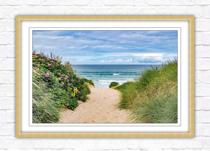 Fistral beach path, Cornwall. Framed picture print with a choice of frame colours. Beach seascape. Surfing, waves. Coastal picture.