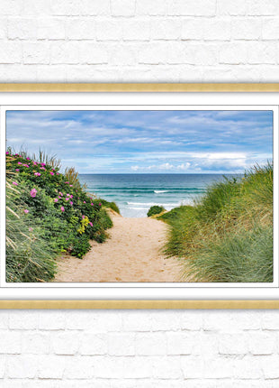 Fistral beach path, Cornwall. Framed picture print with a choice of frame colours. Beach seascape. Surfing, waves. Coastal picture.