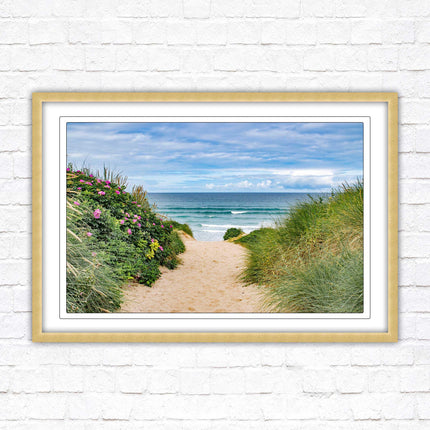 Fistral beach path, Cornwall. Framed picture print with a choice of frame colours. Beach seascape. Surfing, waves. Coastal picture.