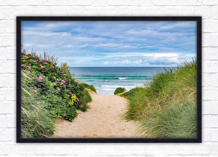 Fistral beach path, Cornwall. Framed picture print with a choice of frame colours. Beach seascape. Surfing, waves. Coastal picture.