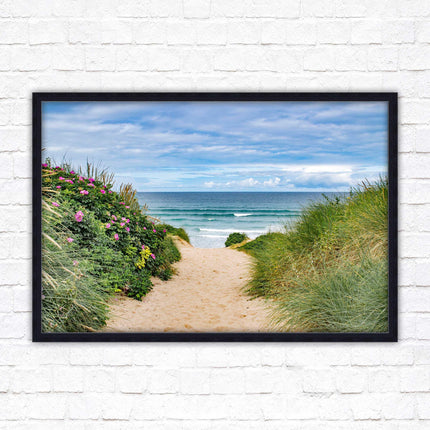 Fistral beach path, Cornwall. Framed picture print with a choice of frame colours. Beach seascape. Surfing, waves. Coastal picture.