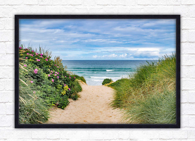 Fistral beach path, Cornwall. Framed picture print with a choice of frame colours. Beach seascape. Surfing, waves. Coastal picture.