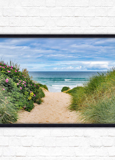 Fistral beach path, Cornwall. Framed picture print with a choice of frame colours. Beach seascape. Surfing, waves. Coastal picture.