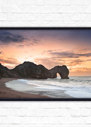 Durdle Door at sunset. Jurassic coast, Dorset. Framed picture print with choice of frame colours