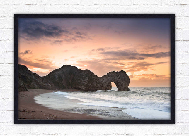 Durdle Door at sunset. Jurassic coast, Dorset. Framed picture print with choice of frame colours