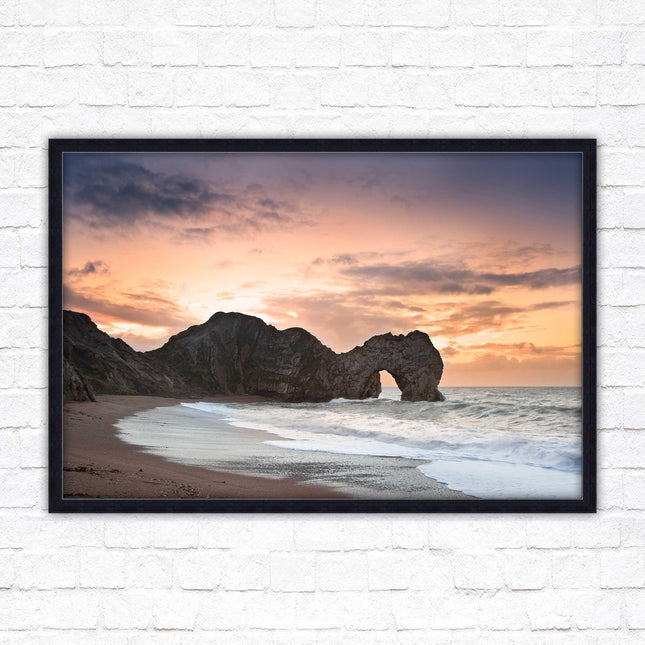 Durdle Door at sunset. Jurassic coast, Dorset. Framed picture print with choice of frame colours