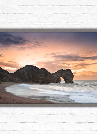 Durdle Door at sunset. Jurassic coast, Dorset. Framed picture print with choice of frame colours