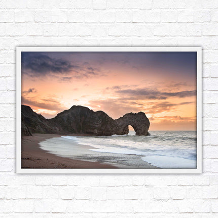 Durdle Door at sunset. Jurassic coast, Dorset. Framed picture print with choice of frame colours