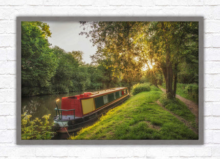 Barge on the canal. Peaceful countryside scenery. Framed picture print with a choice of frame colours.