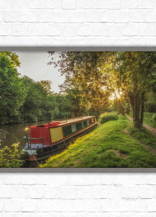 Barge on the canal. Peaceful countryside scenery. Framed picture print with a choice of frame colours.
