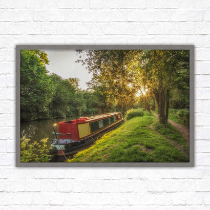 Barge on the canal. Peaceful countryside scenery. Framed picture print with a choice of frame colours.