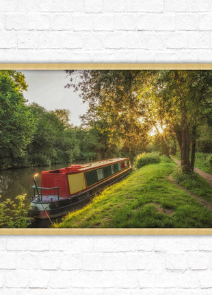 Barge on the canal. Peaceful countryside scenery. Framed picture print with a choice of frame colours.