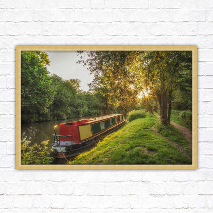 Barge on the canal. Peaceful countryside scenery. Framed picture print with a choice of frame colours.
