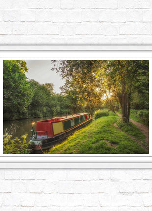 Barge on the canal. Peaceful countryside scenery. Framed picture print with a choice of frame colours.