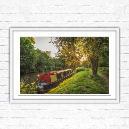 Barge on the canal. Peaceful countryside scenery. Framed picture print with a choice of frame colours.