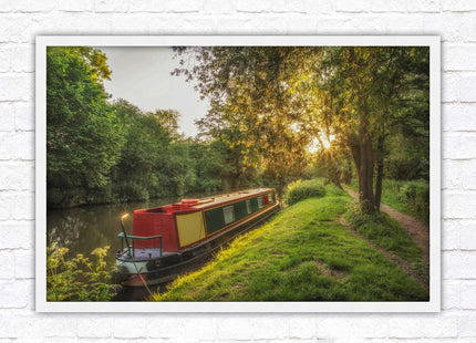 Barge on the canal. Peaceful countryside scenery. Framed picture print with a choice of frame colours.