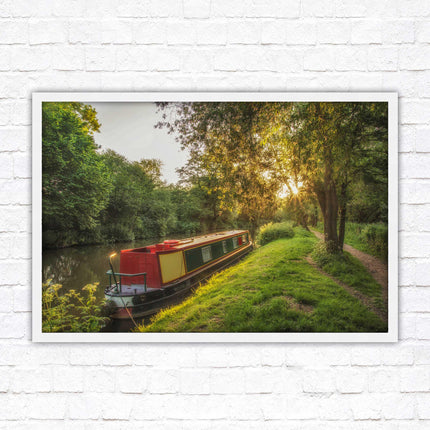 Barge on the canal. Peaceful countryside scenery. Framed picture print with a choice of frame colours.