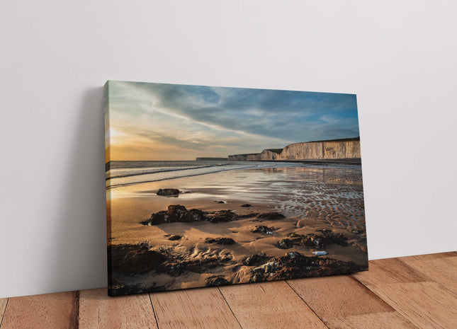 Sun setting over the White Cliffs on the English Coast. Canvas Picture. Wall decor for home or office. Ideal gift birthday present