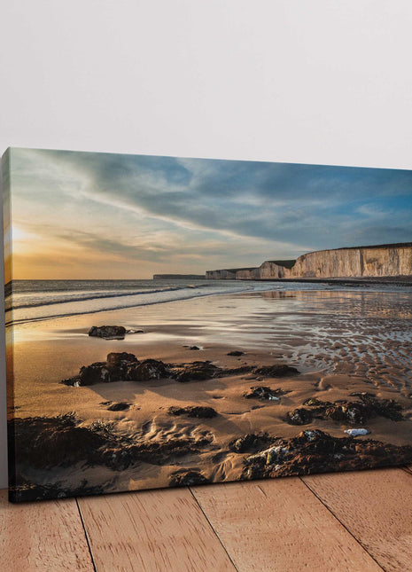 Sun setting over the White Cliffs on the English Coast. Canvas Picture. Wall decor for home or office. Ideal gift birthday present