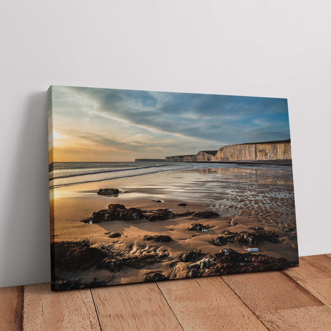 Sun setting over the White Cliffs on the English Coast. Canvas Picture. Wall decor for home or office. Ideal gift birthday present