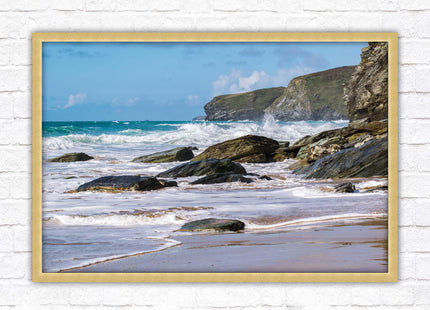 Watergate Bay, Cornwall. Framed picture print with choice of frame colours. Rugged Cornish coastline.