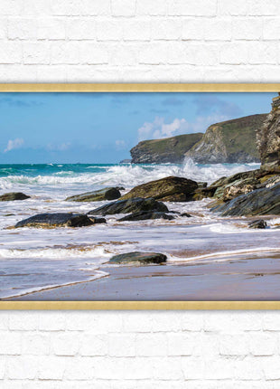 Watergate Bay, Cornwall. Framed picture print with choice of frame colours. Rugged Cornish coastline.