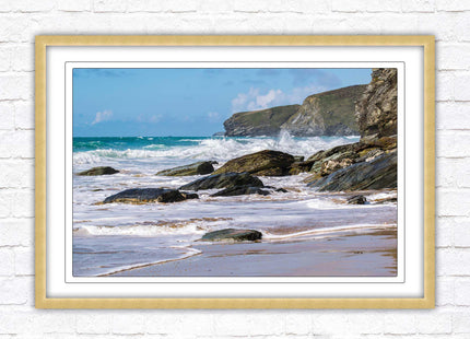 Watergate Bay, Cornwall. Framed picture print with choice of frame colours. Rugged Cornish coastline.