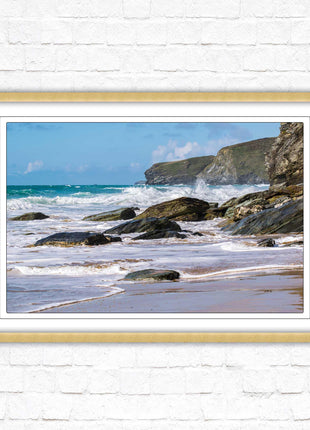 Watergate Bay, Cornwall. Framed picture print with choice of frame colours. Rugged Cornish coastline.