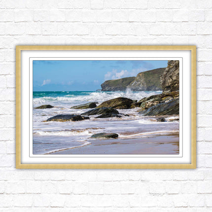 Watergate Bay, Cornwall. Framed picture print with choice of frame colours. Rugged Cornish coastline.