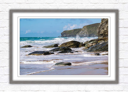 Watergate Bay, Cornwall. Framed picture print with choice of frame colours. Rugged Cornish coastline.