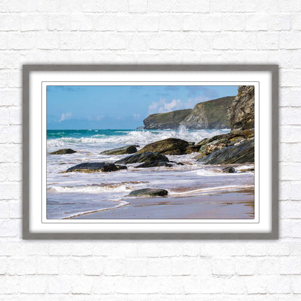 Watergate Bay, Cornwall. Framed picture print with choice of frame colours. Rugged Cornish coastline.