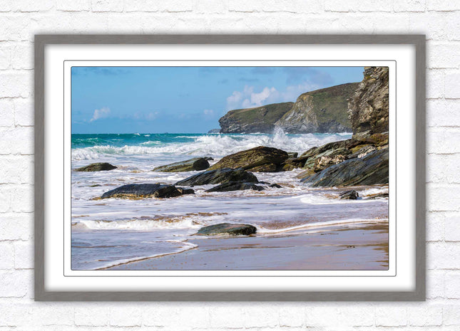Watergate Bay, Cornwall. Framed picture print with choice of frame colours. Rugged Cornish coastline.