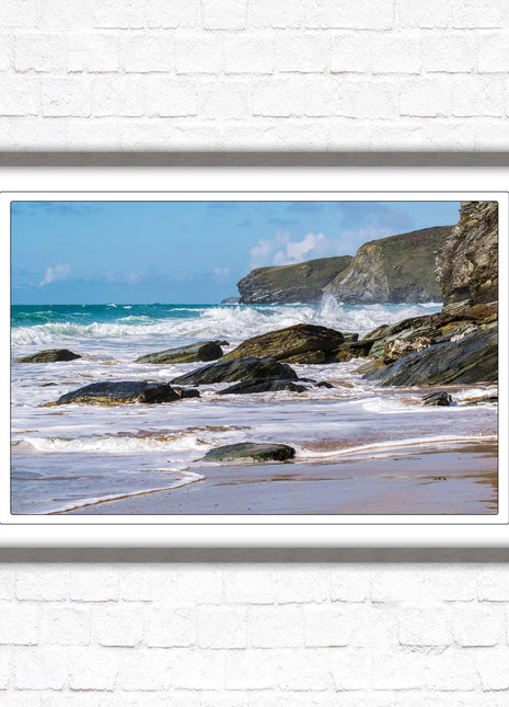 Watergate Bay, Cornwall. Framed picture print with choice of frame colours. Rugged Cornish coastline.