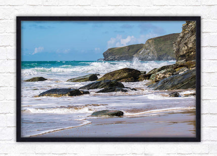 Watergate Bay, Cornwall. Framed picture print with choice of frame colours. Rugged Cornish coastline.