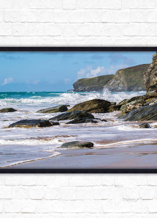 Watergate Bay, Cornwall. Framed picture print with choice of frame colours. Rugged Cornish coastline.