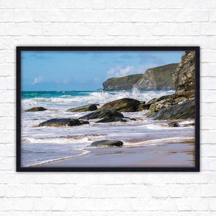Watergate Bay, Cornwall. Framed picture print with choice of frame colours. Rugged Cornish coastline.