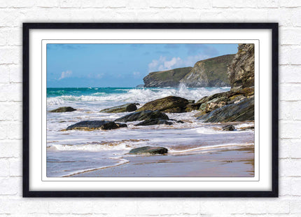 Watergate Bay, Cornwall. Framed picture print with choice of frame colours. Rugged Cornish coastline.