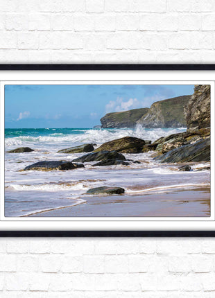 Watergate Bay, Cornwall. Framed picture print with choice of frame colours. Rugged Cornish coastline.