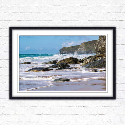 Watergate Bay, Cornwall. Framed picture print with choice of frame colours. Rugged Cornish coastline.