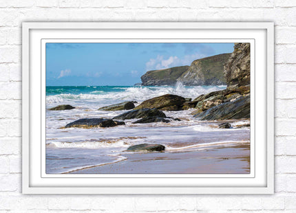 Watergate Bay, Cornwall. Framed picture print with choice of frame colours. Rugged Cornish coastline.