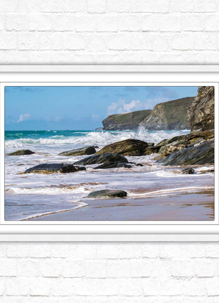 Watergate Bay, Cornwall. Framed picture print with choice of frame colours. Rugged Cornish coastline.