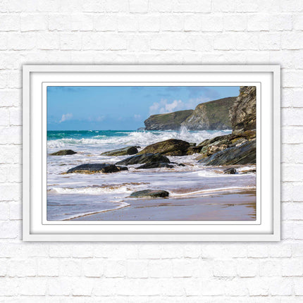 Watergate Bay, Cornwall. Framed picture print with choice of frame colours. Rugged Cornish coastline.